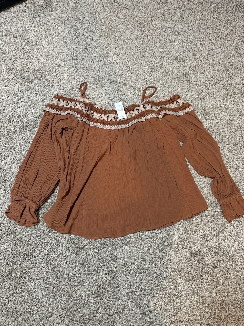 Off-Shoulder Brown Peasant Blouse with Crochet Trim